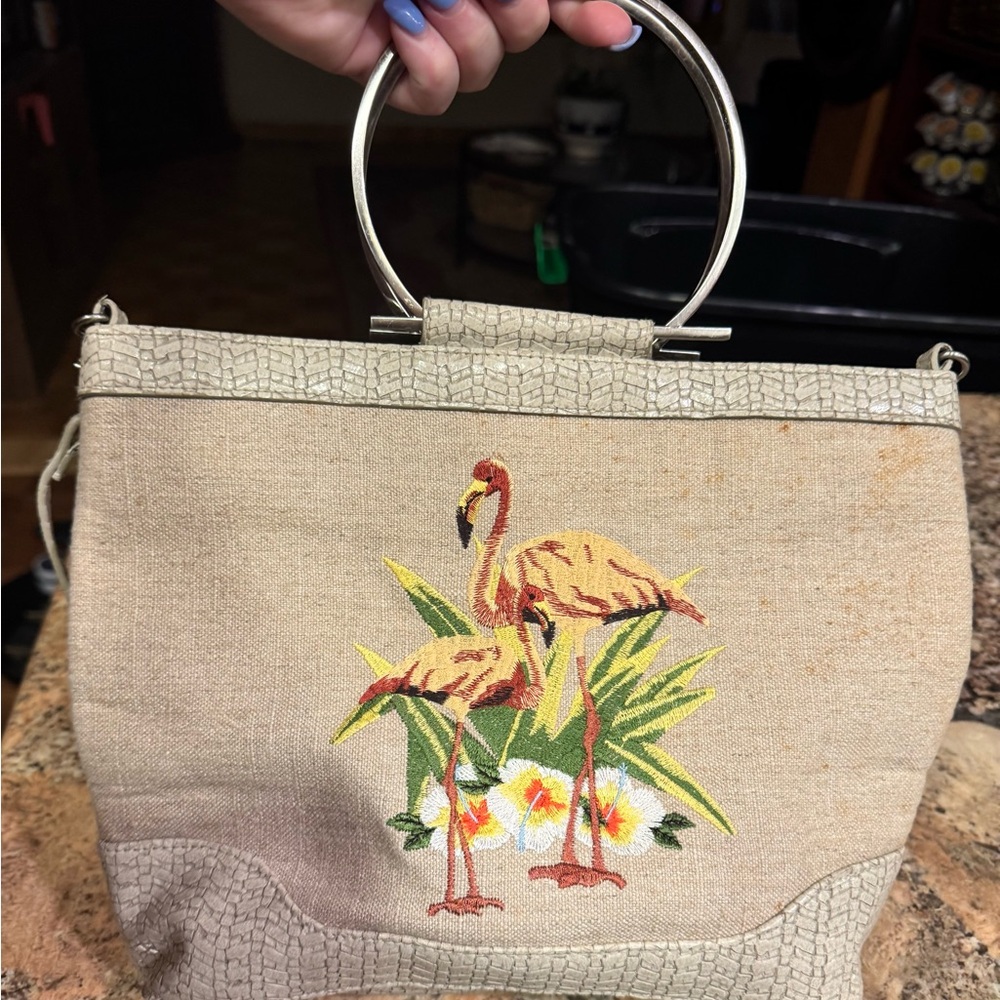 Bueno tropical Flamingo Embroidered Hand Bag With Metal Handles & A tan strap